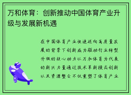 万和体育:创新推动中国体育产业升级与发展新机遇 万和体育:创新推动中国体育产业升级与发展新机遇